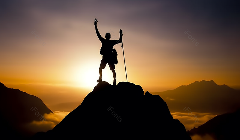 橙色夕阳青年男子攀登山顶成功庆祝动作剪影拍摄,高清,摄影图,摄影图片,图片大全,摄影图免费下载